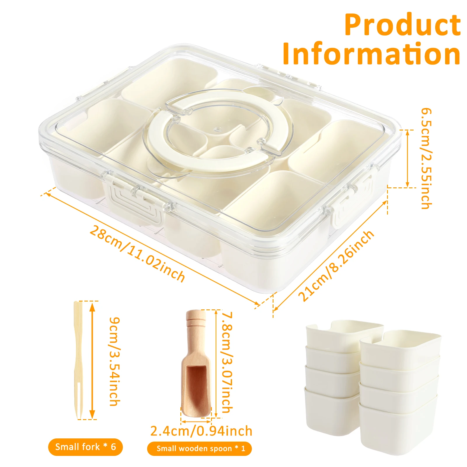 Divided Serving Tray 8 Compartment Divided Snack Box Good Sealing Clear Snack Box Container With 6 Fork 1 Wood Spoon For Snack