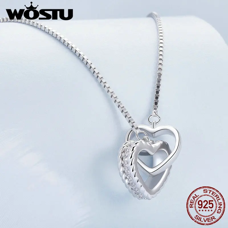 WOSTU 925 Sterling Silver Double Love Heart Zircon Pendant Necklace 18K Gold Connected Chain Necklaces Women Party Jewelry Gift