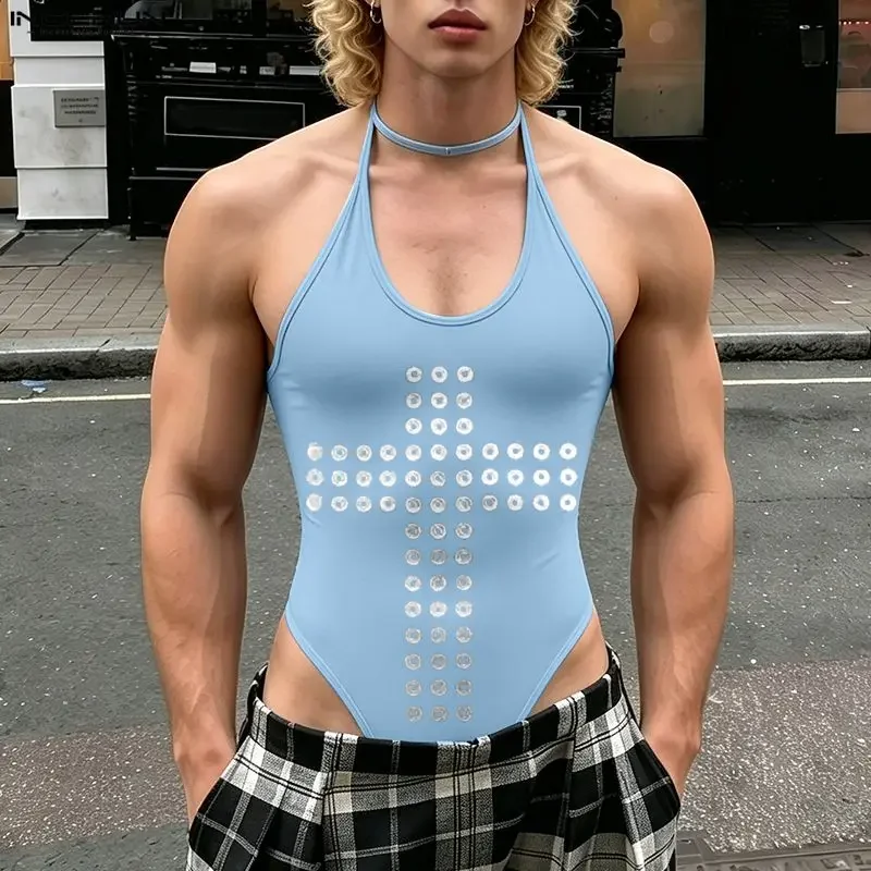 INCERUN Men's Bodysuits Printing O-neck Sleeveless Lace Up Male Playsuits Tank Tops Backless Sexy Fashion Bodysuits For Man 2026