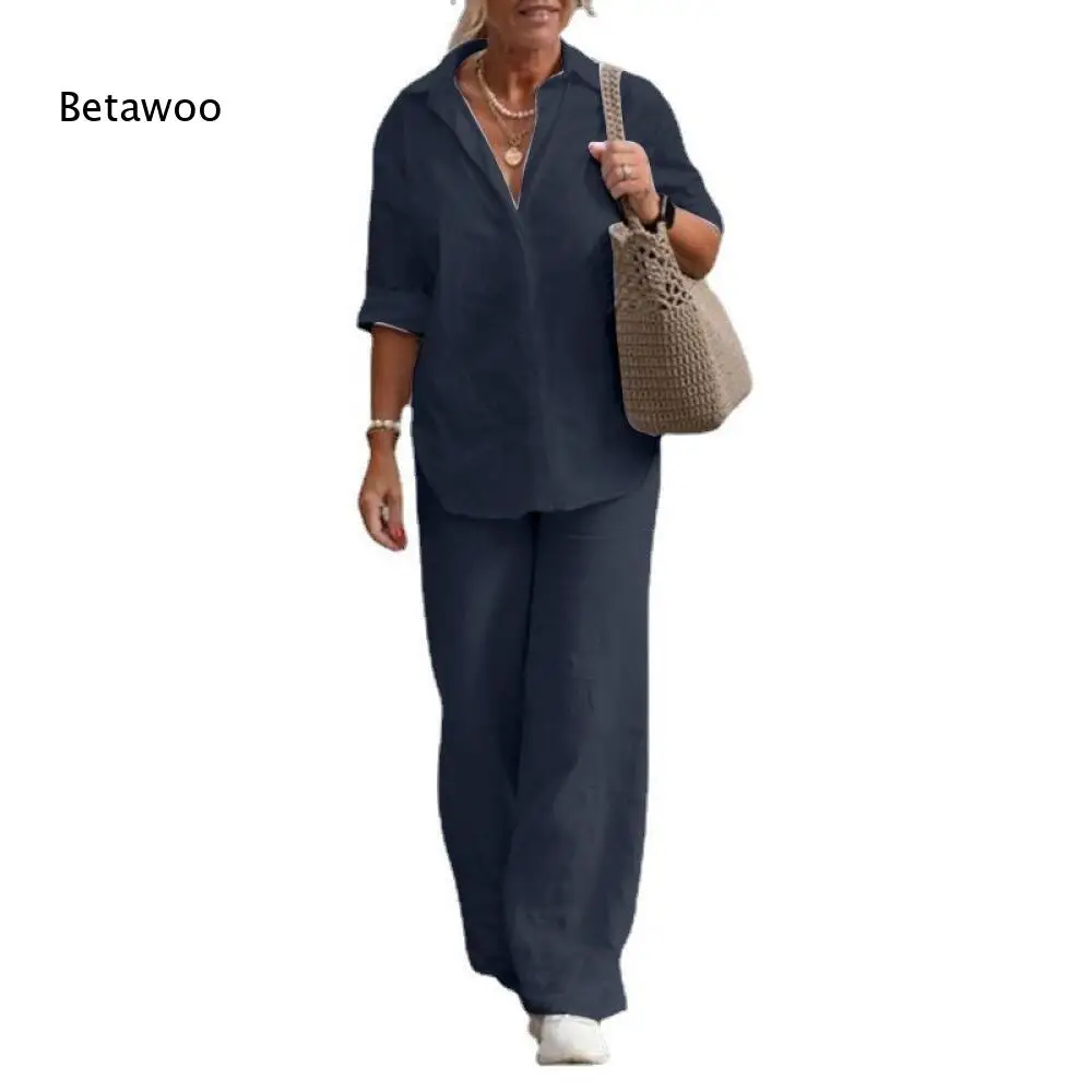 Women Two Piece Matching Outfit Point Collar Roll Sleeve Shirt High Waist Wide Leg Solid White Casual Pant Set