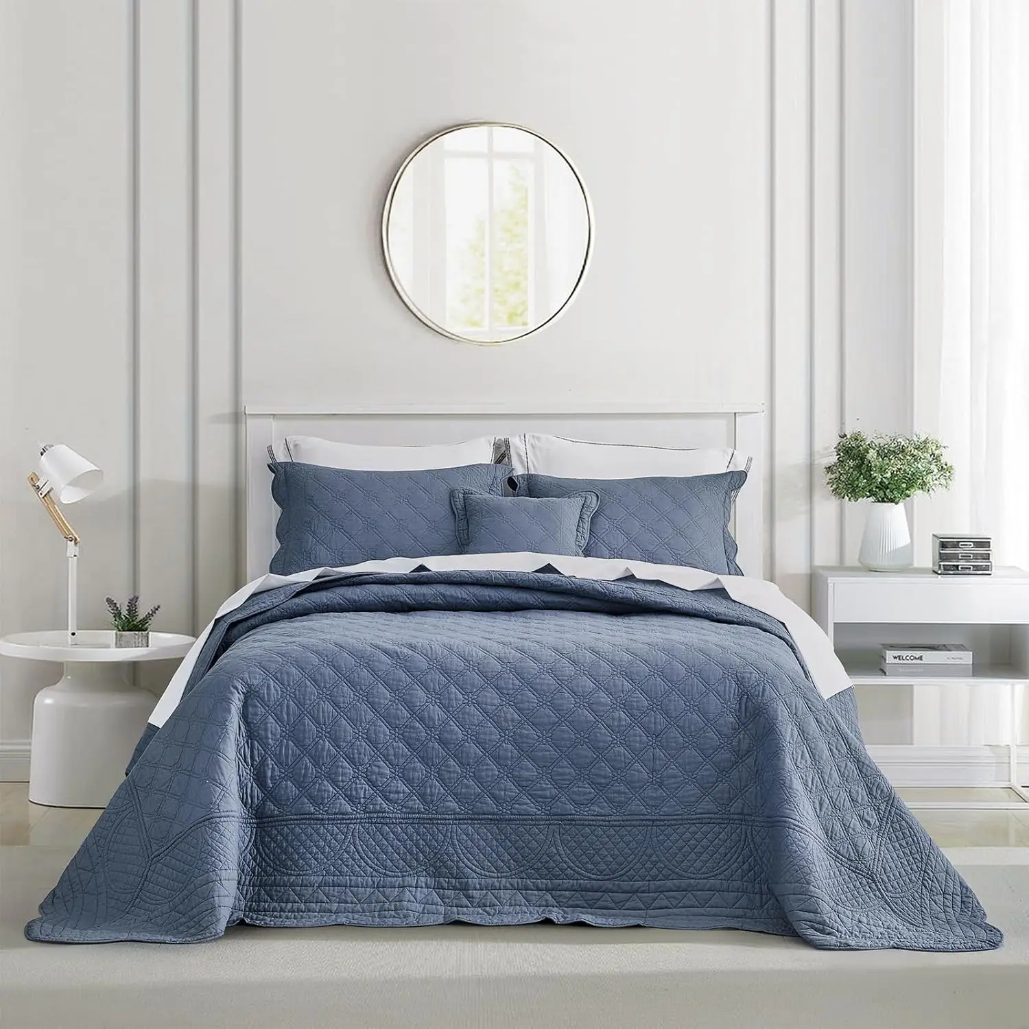 

Oversized Cotton Bedspread King Size - Reversible Quilted Cover All Season, Ultra Soft Lightweight 3 Piece Smokey Blue