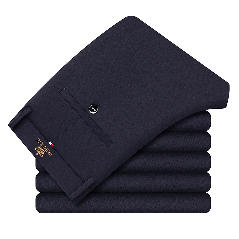 Slim Straight Men Business Long Pants Soft Stretch Fabric Embroidered Waist Label Rear Button Pocket Staff Uniform Slacks