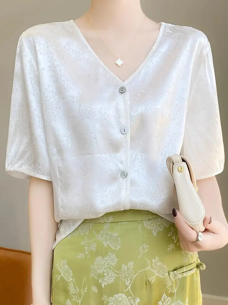

Summer Satin Short-sleeved Cardigan for Women V-neck Jacquard Loose Half-sleeved Shirt Top