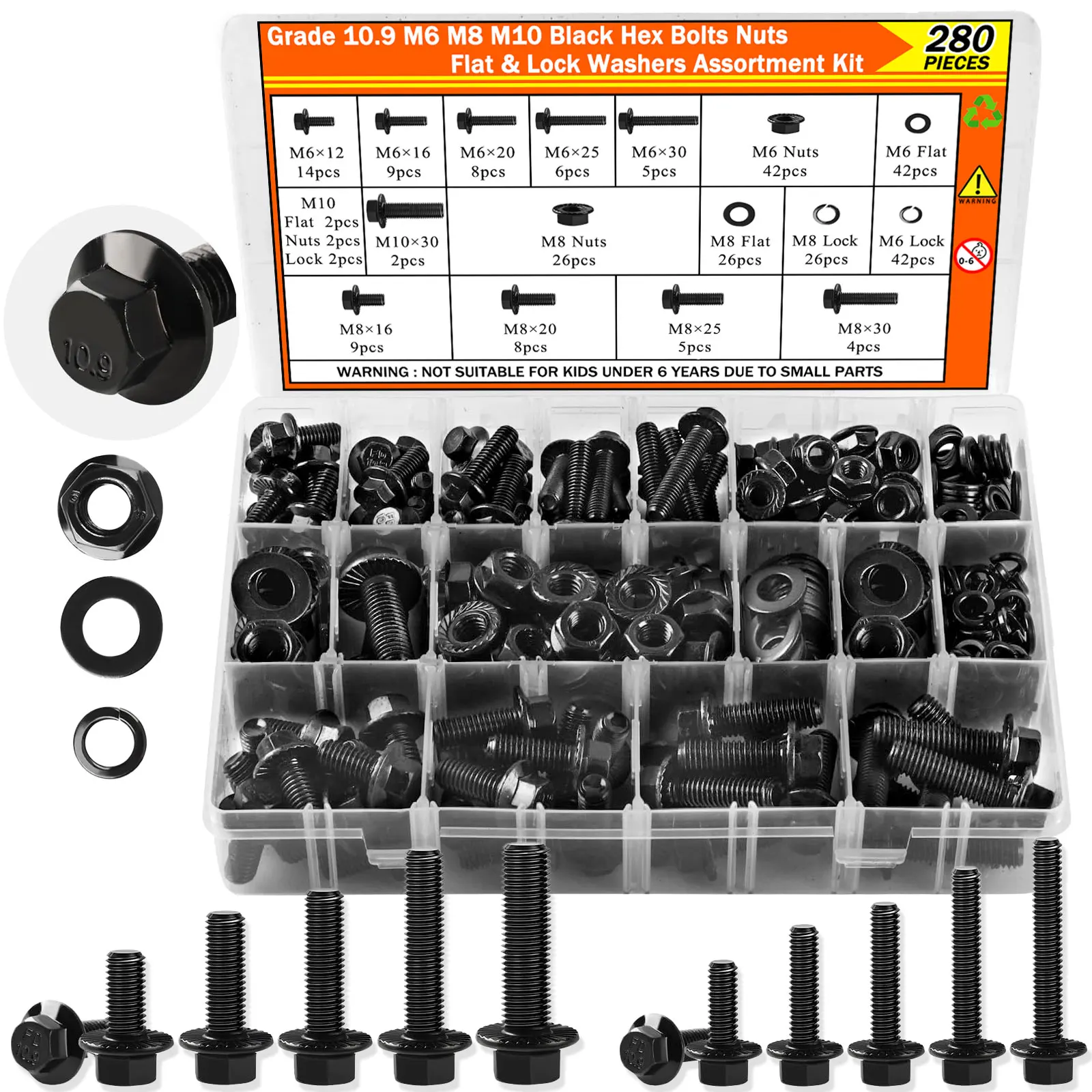 280PCS 10.9 Grade Black Flange Bolt Kit, M6x1.0 M8x1.25 M10x1.5 Hex Bolts Nuts Washers Set for Automotive (12-30mm)