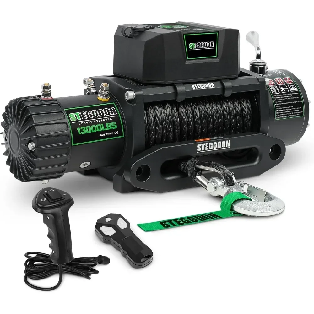 13000lb Electric 12V Waterproof Electric Synthetic Rope Winch with Wireless Handheld Remote and Corded