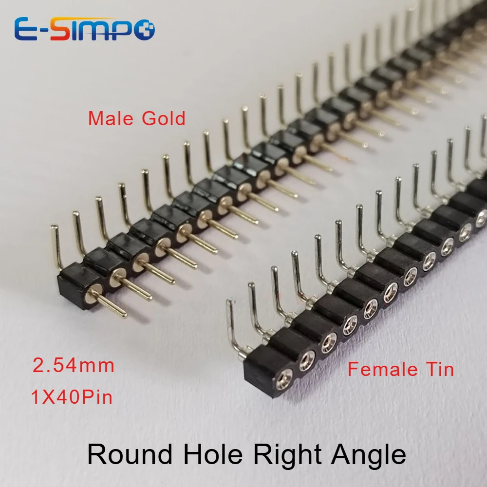 

Round Hole 1x40P 2.54mm Right Angle Single Row Curved Pin Header Connector PCB IC Crystal Transistor Female Tin Male Gold Socket