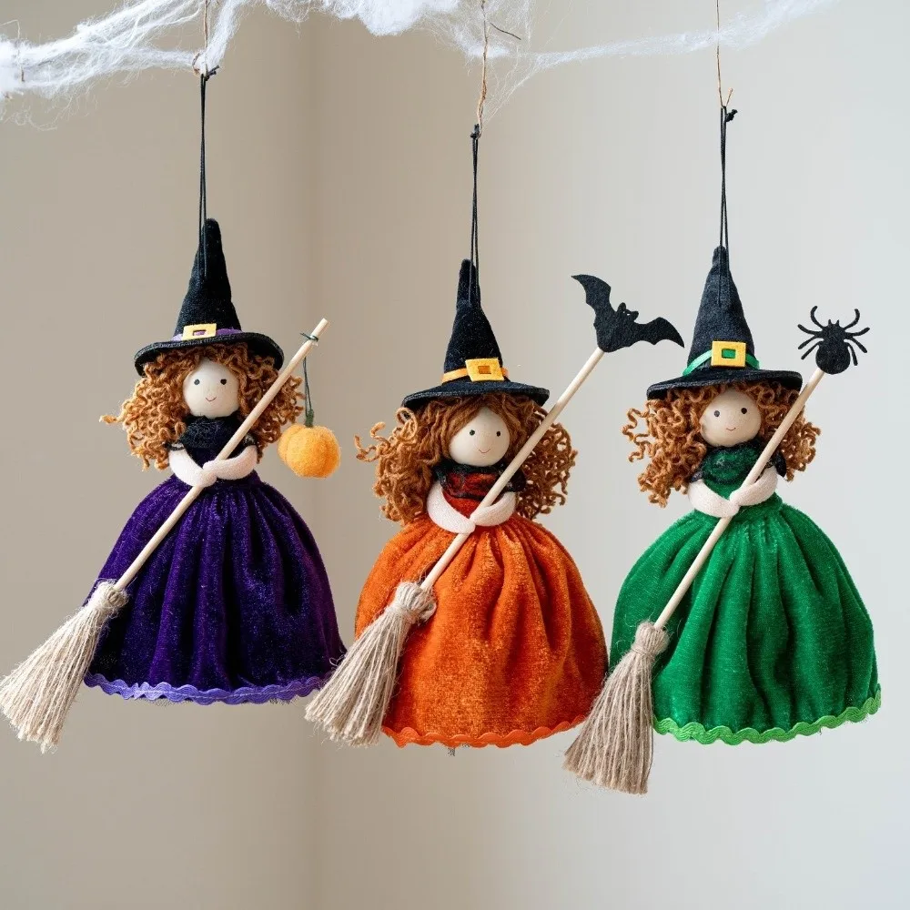 Handmade Halloween Broom Girl Pendant Pumpkin Bat Spider Soft Stuffed Curly Hair Witch Hanging Velvet Skirt