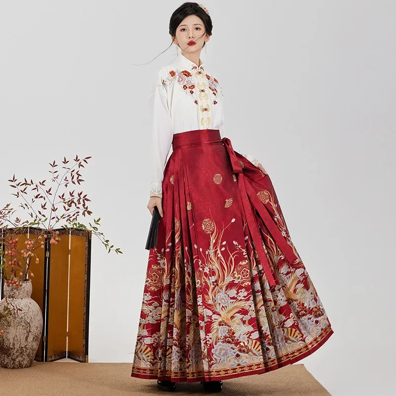 New Chinese Horse Face Skirt Red Floral Waist Tie Pleated Skirt Chinese Style Hanfu Elegant Large Swing Long Half-body Skirt