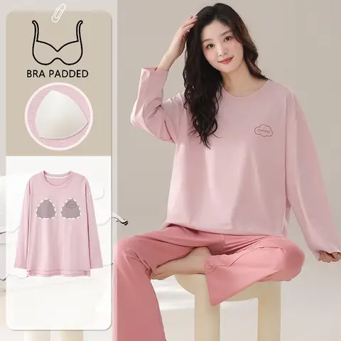 여성용 잠옷 봄 홈웨어 크루 넥 마카롱 다채로운 Pijamas 학생 소녀 잠옷 브래지어 패드가있는 100% 순수 코튼 Pjs