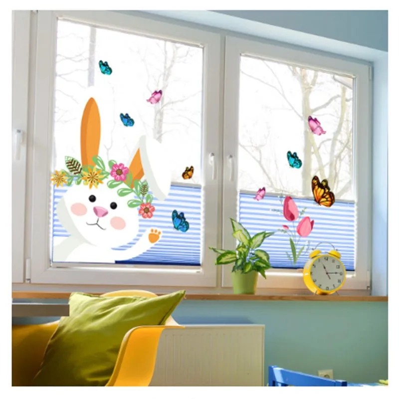 27x30cm Electrostatic Easter Window Stickers Double Sided Cartoon Rabbit Butterfly  Decals Glass Wall Stickers Home Window Decor