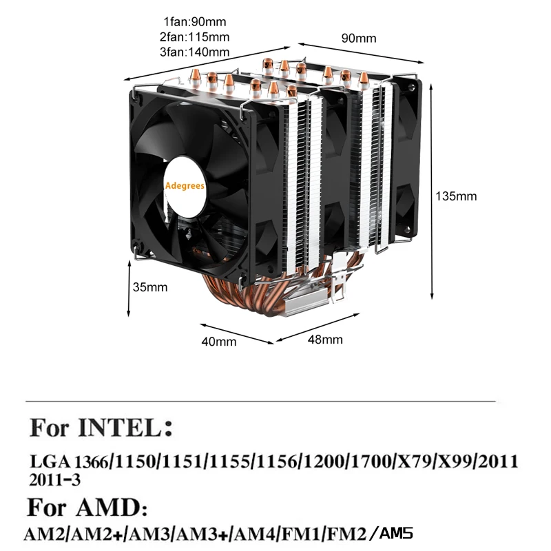 6 Heatpipes CPU Cooler PC Processor Silent Cooling Fan For Intel LGA 1150 1151 1156 1700 2011 X99 1366 AM3 AM4 AM5 Ventilador