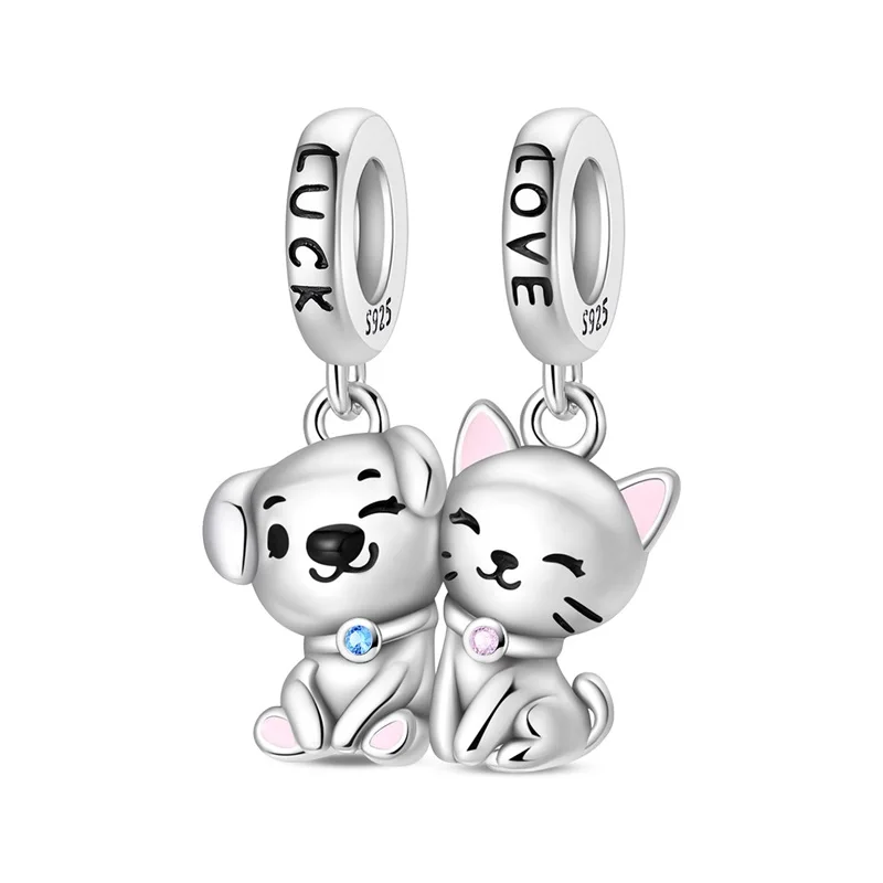 925 Sterling Silver Charms Bead CZ Zircon Cute Cat Dog Combination Magnetic Pendant Fit Original Bracelet DIY Women Jewelry Gift