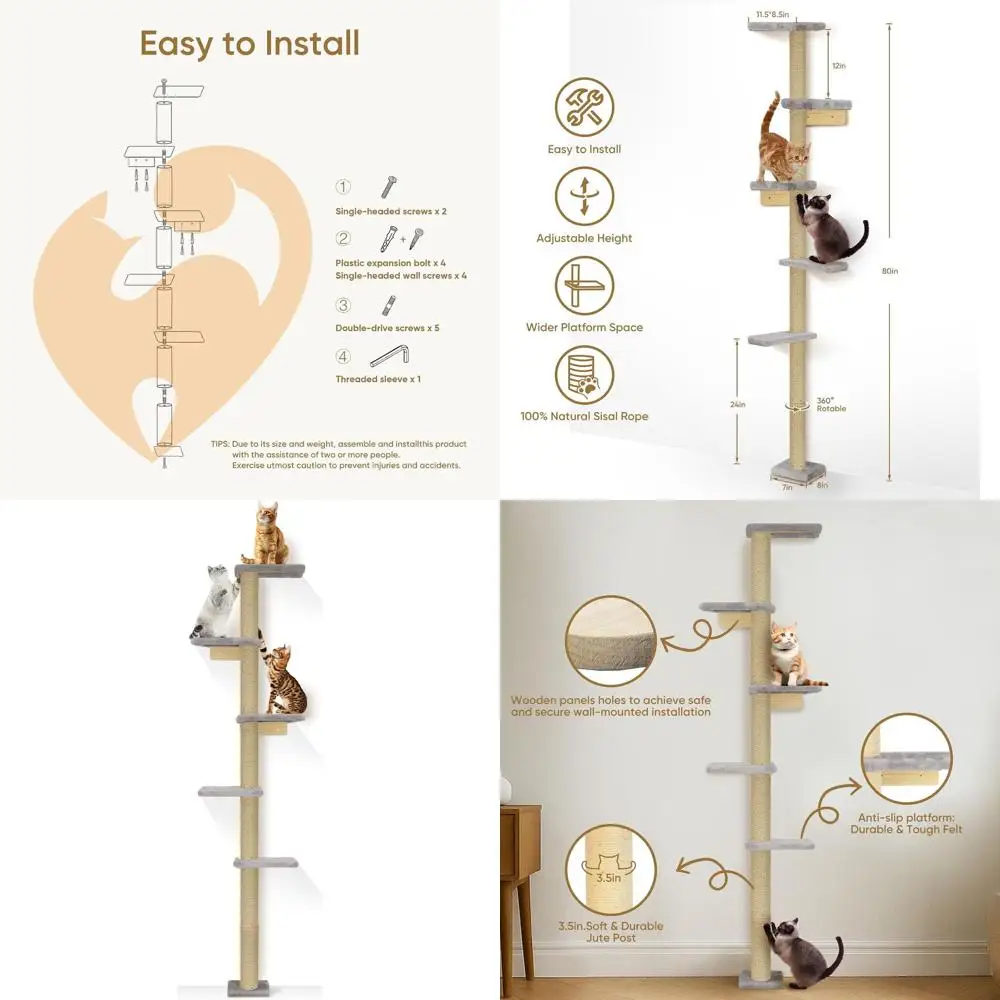 

80-дюймовая многоуровневая настенная когтеточка-башня для кошек, серая