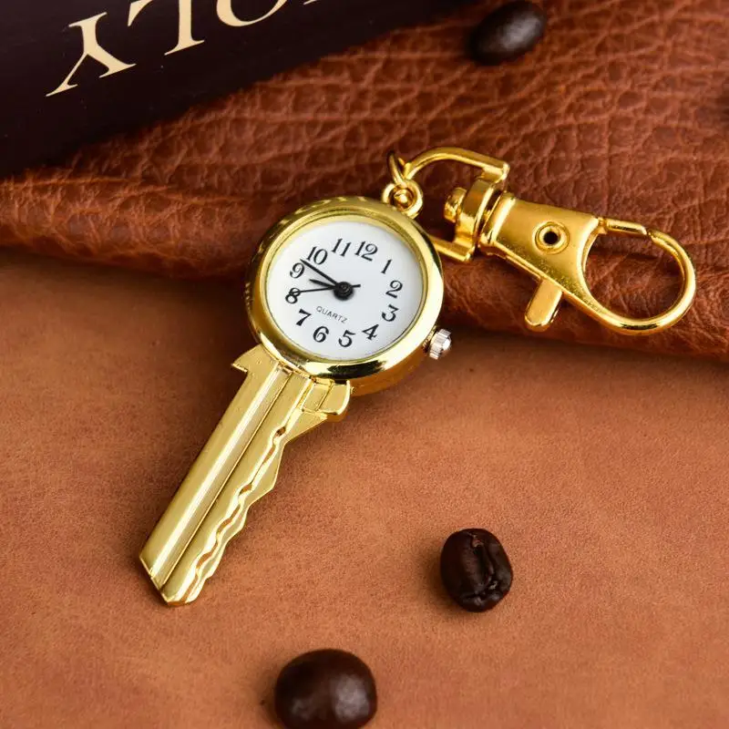 Mini Golden Key Shaped Quartz Watch With Keychain Clear Dial Perfect For Daily Use Bag Pendant Creative Gift