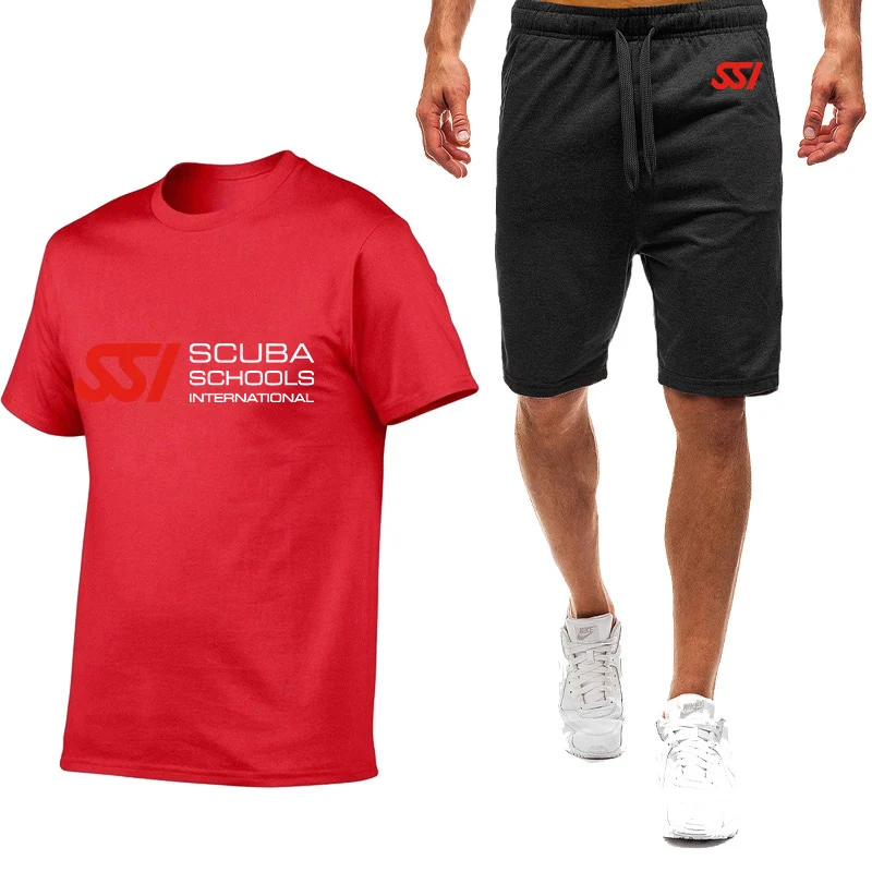 Short Sleeve Summer Mens Scuba Diving Dive SSI Printing High Quality Breathable Cotton T Shirts Shorts Suit 2Pcs Sportswear