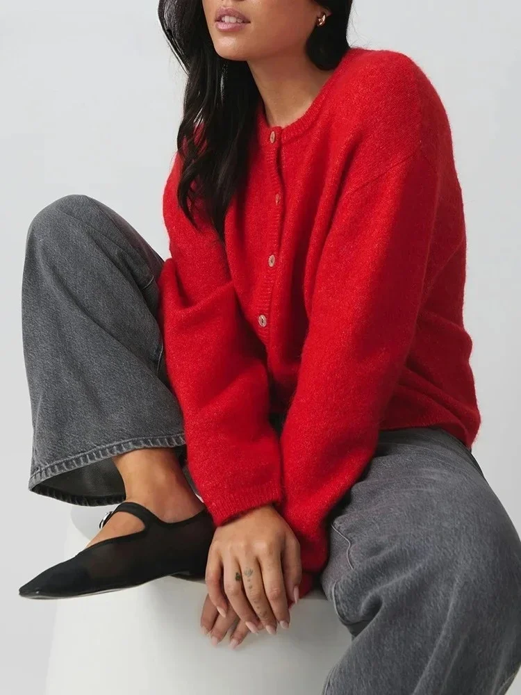 

Autumn Cardigan Women Autumn 2025 Yellow Warm Knitted Coat O Neck Outwear Casual Knit Jackets Red Basic Thick Cardigan Femmes