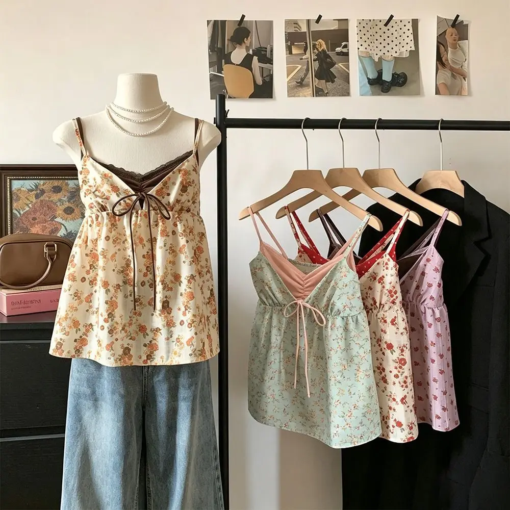 New Floral Pattern Floral Camisole Lace Trim Backless Crop Tank Top Women's Camisole Top Women's Summer Outfits