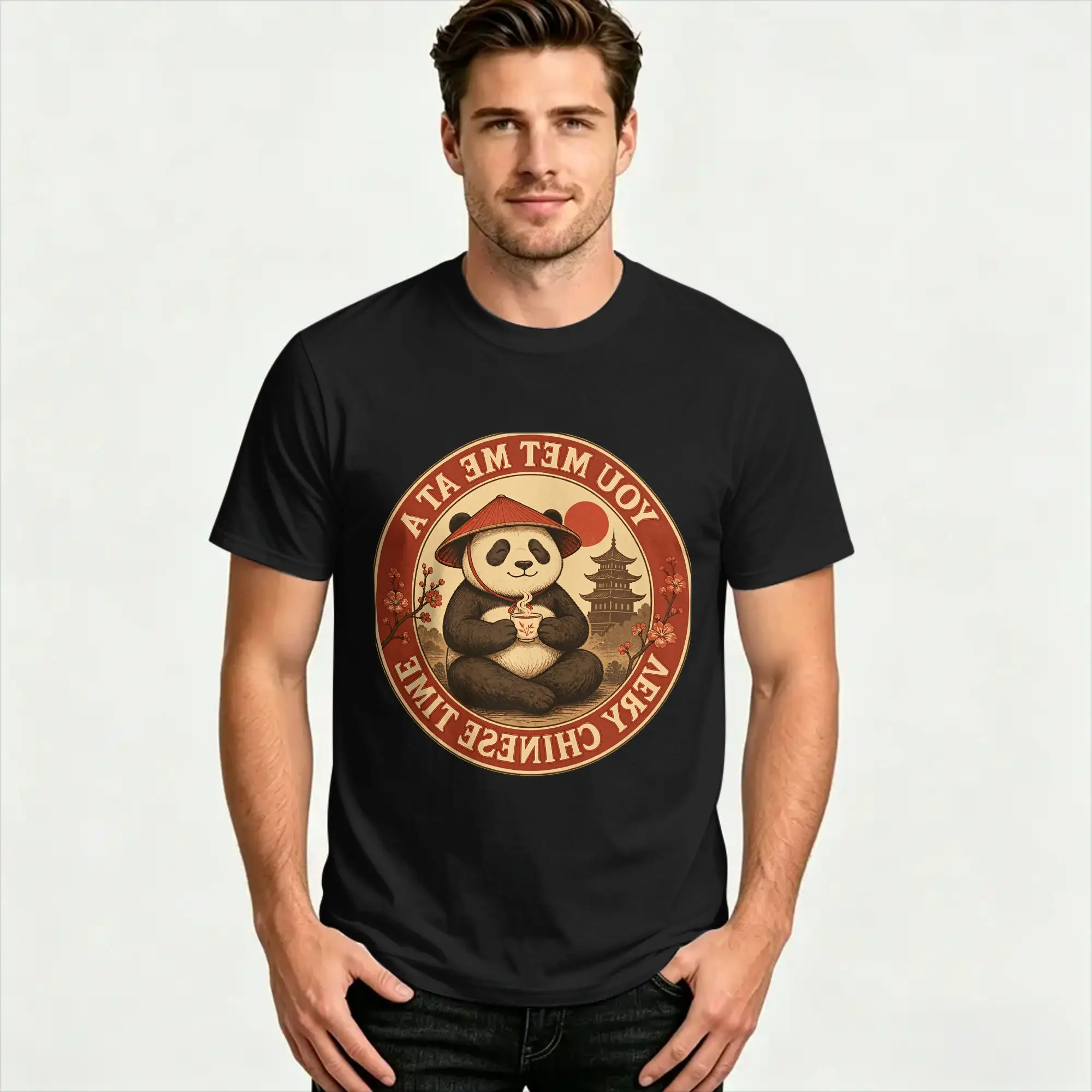 You Met Me At A Very Chinese Time Cute Panda Tea Circle Badge Casual Cotton Tees Short Sleeve  T Shirt O Neck Clothing