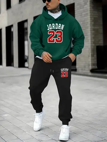 Men's autumn and winter casual warm JORDAN 23 letter pattern printed loose and plush thick hoodie+sports pants set