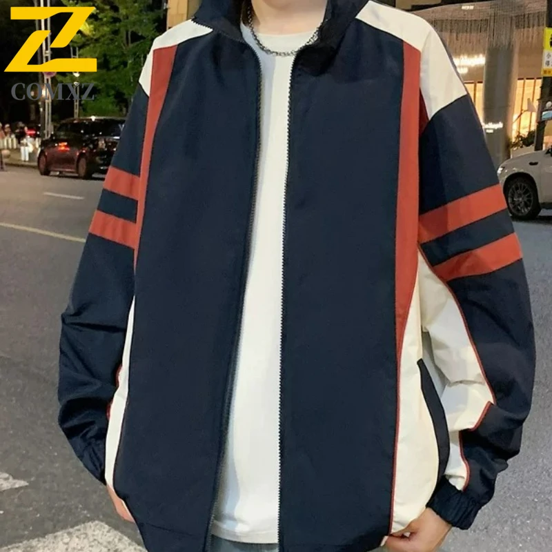 

COMXZ Men Jacket Fashion Stand Collar Outdoor riding Windproof Motorcycle Jacket Casual Patchwork Travel Lightweight Autumn Coat