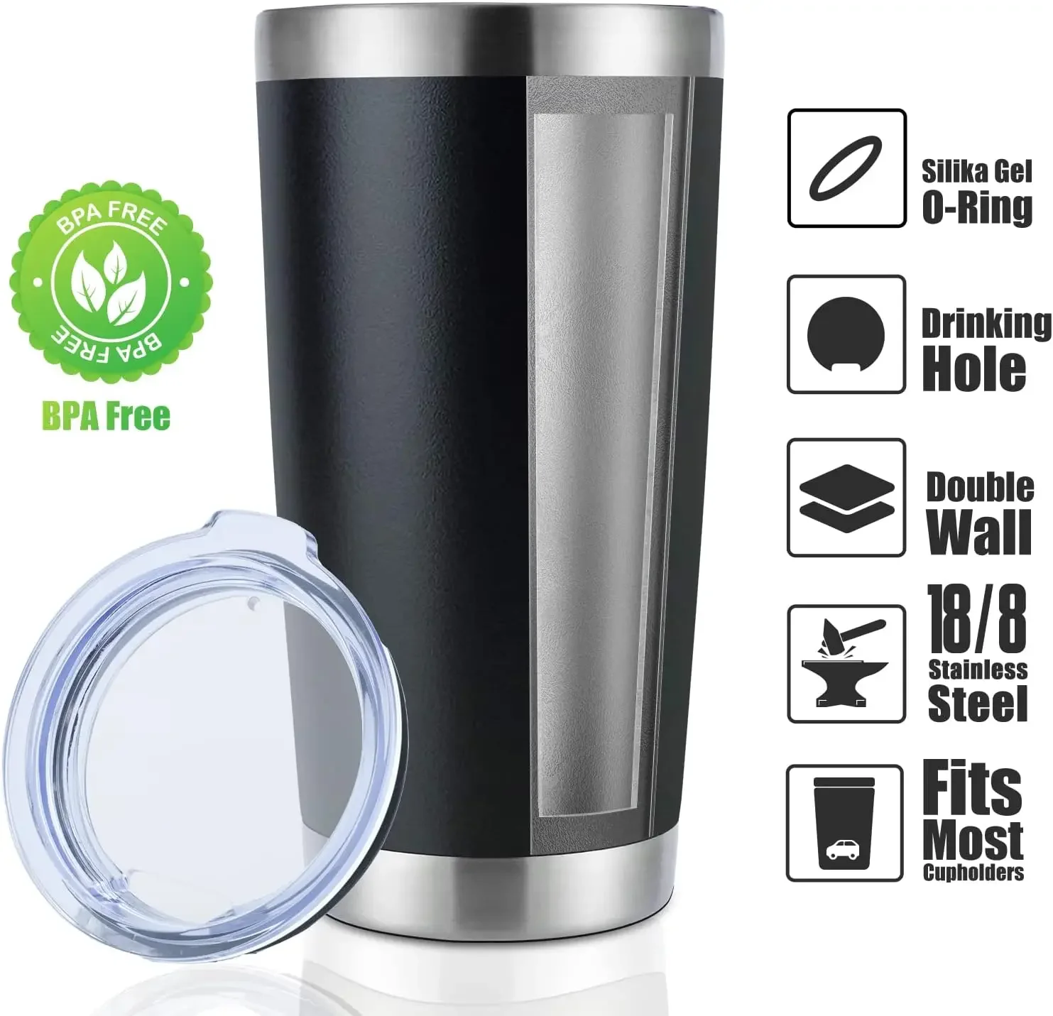 20oz Stainless Steel Tumbler Bulk with Lid Double Wall Vacuum Insulated Travel Mug Powder Coated Coffee Cup Powder Black 12 Pack