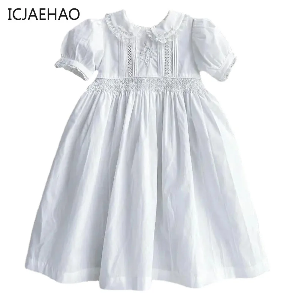 Baby Kids Birthday Baptism Frock Girls Smocked Embrodiery Spanish Clothes HandMade Smocking White Dress Children Matching Outfit