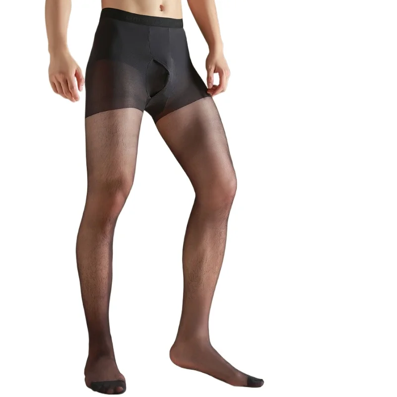 Men Sexy Stockings Ultra Thin Elastic Seamless Pantyhose Side Open U Convex Pouch Sockings With Fake Panties Soft Leggings Socks