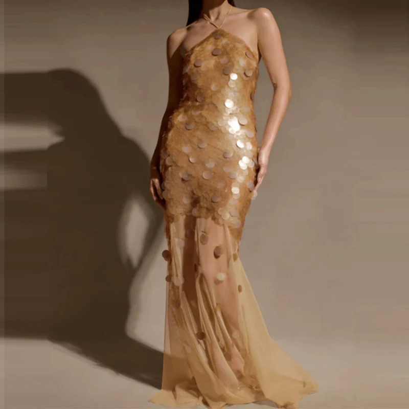 Elegante sem mangas lantejoulas magro vestido de festa moda feminina sem costas sólido vestido longo sexy halter malha emenda fishtail vestido
