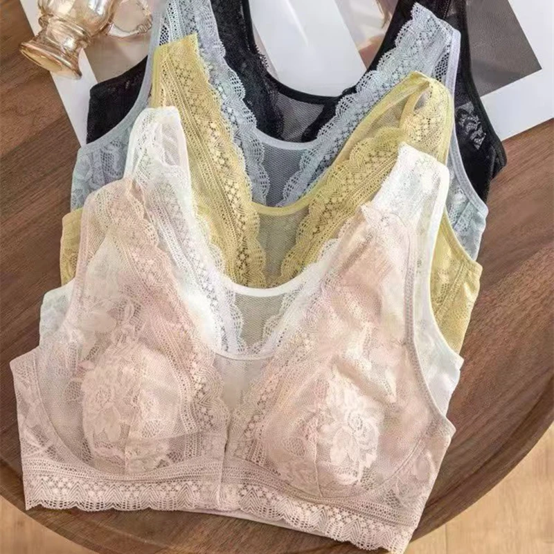 Women's Sexy Lace Front Button Underwear Vest-Style Back No Rims Small Breast Push-Up Thin Section for Beautiful Curves