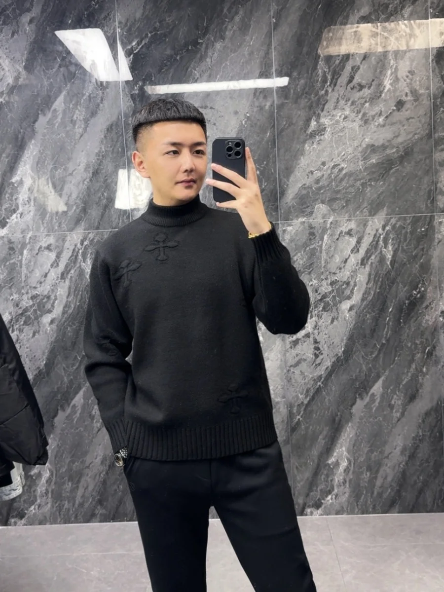 

Осенне-зимний утепленный мужской шерстяной свитер с вышивкой крестиком, вязаный, с длинным рукавом, базовая модель, молодежный модный стиль