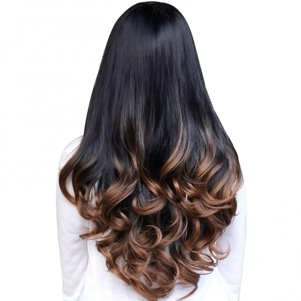 Peruca sintética ondulada longa encaracolada com raízes escuras, cabelo natural ombre, cor gradiente, resistente ao calor, perucas cosplay, cabelo falso