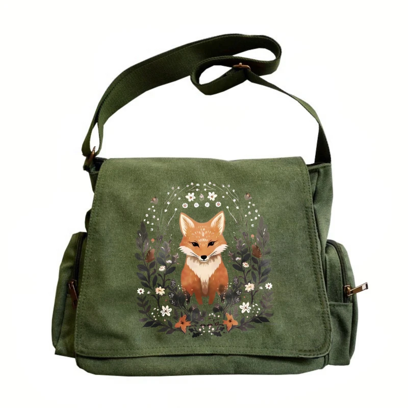 Sac à bandoulière Vintage pour femmes, sac à bandoulière en toile imprimé renard, poches de grande capacité, sacoche pour hommes