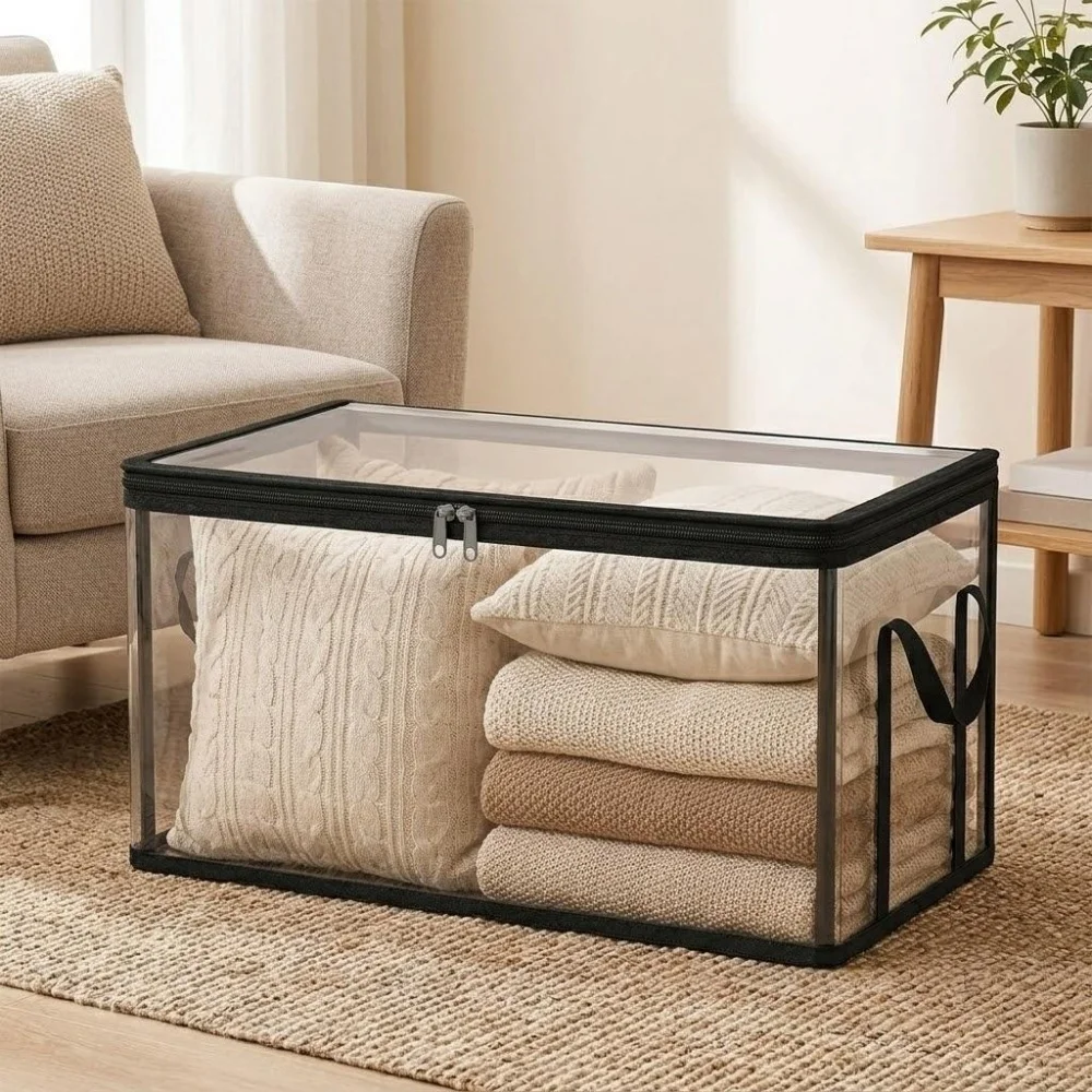 Foldable Storage Bins 1Pack Large Clear Heavy Duty Boxes with Lids Collapsible Clothes Blanket Organizer for Closet Bedroom