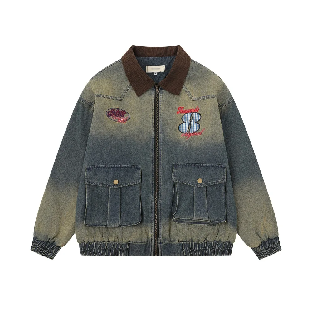 

Wasteland Style Contrast Color Yellow Mud Style Denim Padded Winter For Man Washed Gradual Change Big Pocket Coat