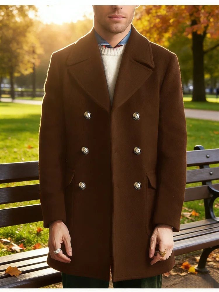 

Dark Brown British Men's Blazers Vintage Mid-Length Wool Blend Coat Double-Breasted Wide Lapel Collar Casual Jackets Winter New