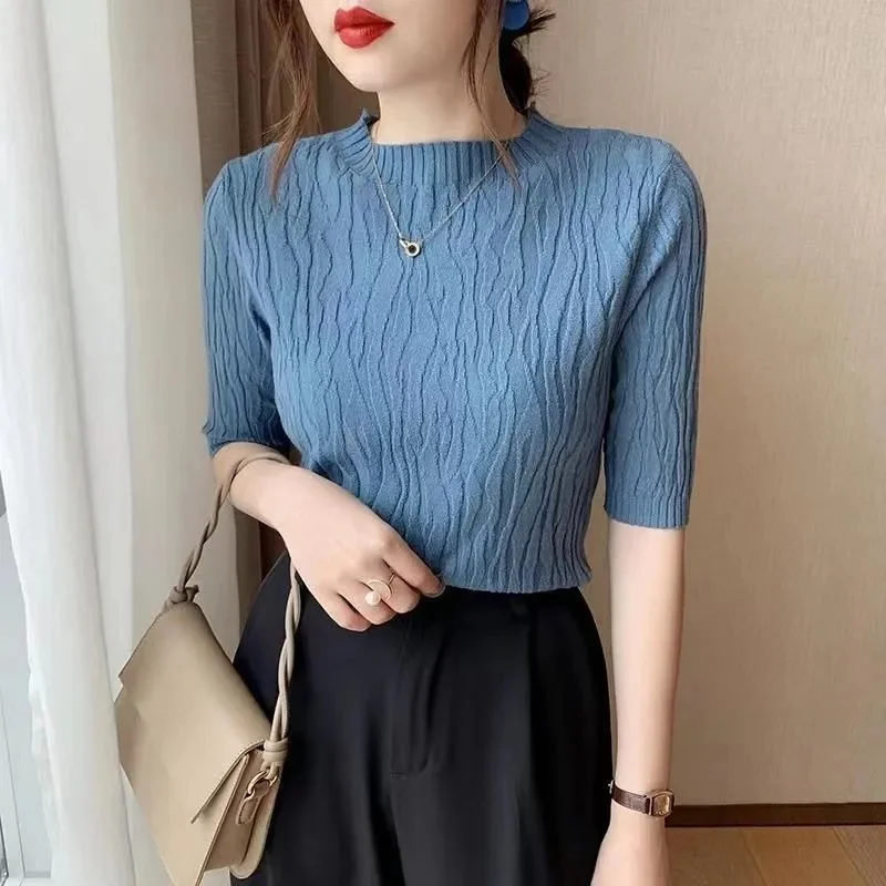 Pullover Knitted Half Sleeve Knitted Sweater Female 2024New Spring Slim Women Korea Basic Solid Casual Base Female Knitting Shir