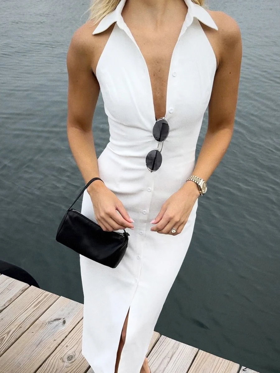 Bornladies Summer Sleeveless Single Breasted Dress Fashionable Ladies Slim Fit Collar Solid Color Long Dresses Women\'s Clothing