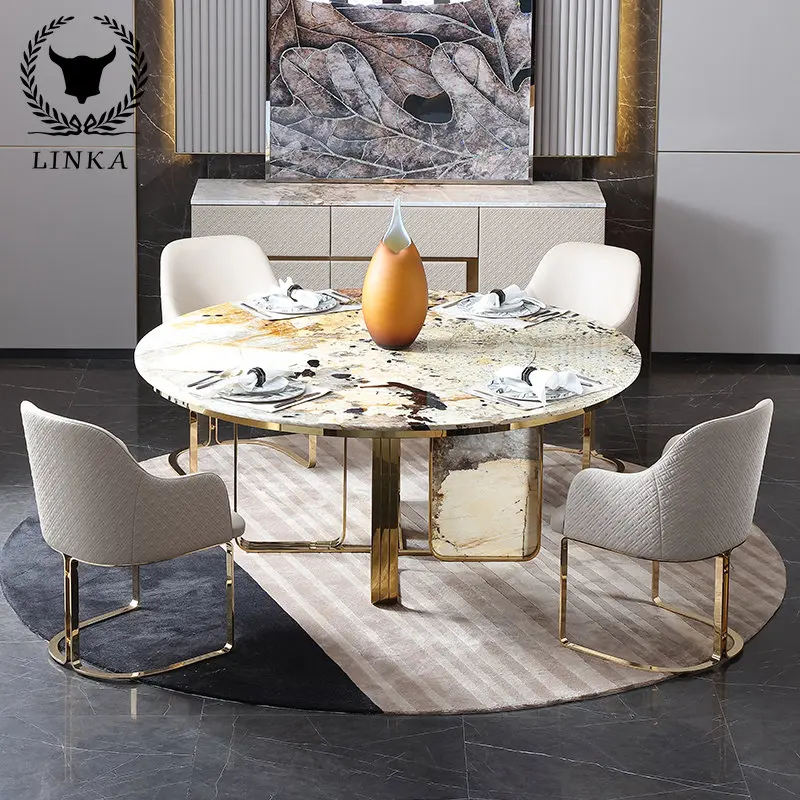 

Light and luxurious Pandora gold marble round table with turntable household restaurant modern simplicity