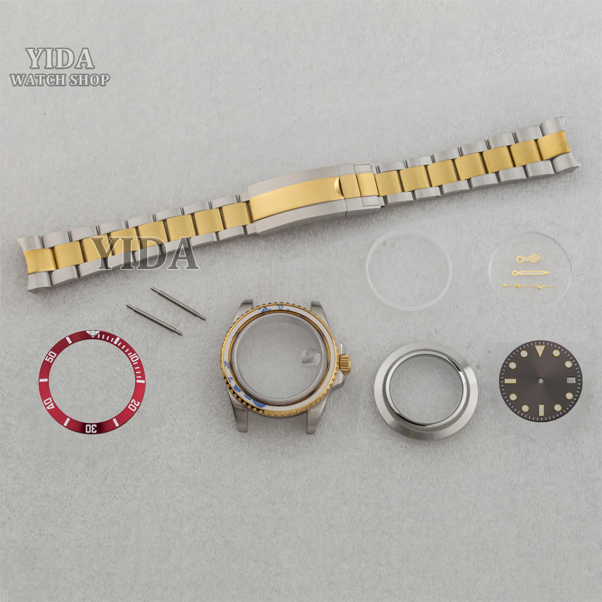 NH35 Cassa 40MM Argento Oro Cassa per orologio in acciaio inossidabile Oyster Band Quadrante Lancette luminose Parte posteriore trasparente per movimento SUB GMT NH34 NH36