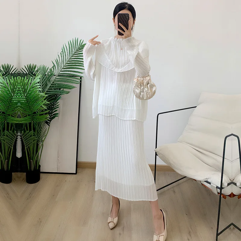 

White Skirt Suits For Women 2023 Spring New Long Sleeved Loose Top + Miyake Pleated Long Skirt Two Piece Set Female