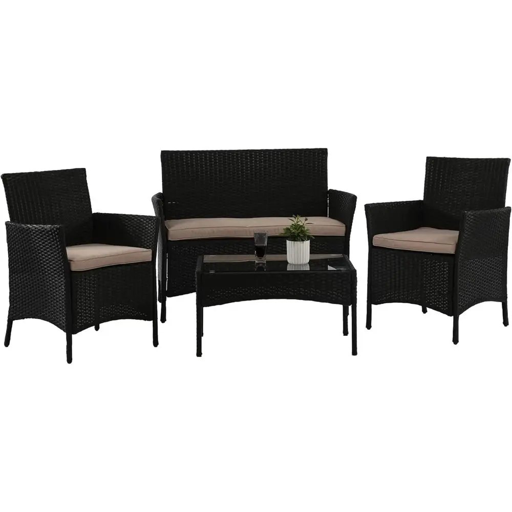 

4-Piece Outdoor Patio Furniture Set: Rattan Wicker Sofa with Cushions and Glass Table for Garden, Yard, or Pool Area in Black