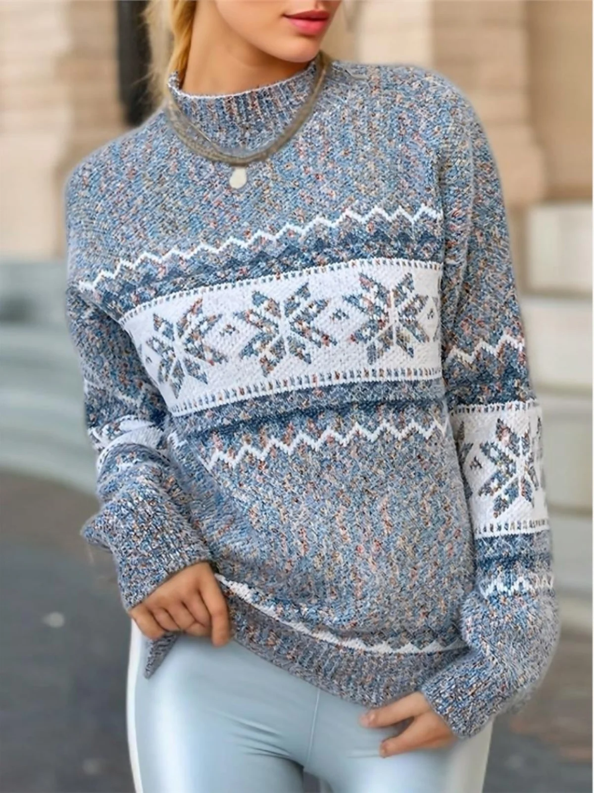 Cisas High Collar Snowflake Sweater Cisas Turtlene Sweater aanil Long Sve Sweet Sle Acrylic Blend Knitted Sweater
