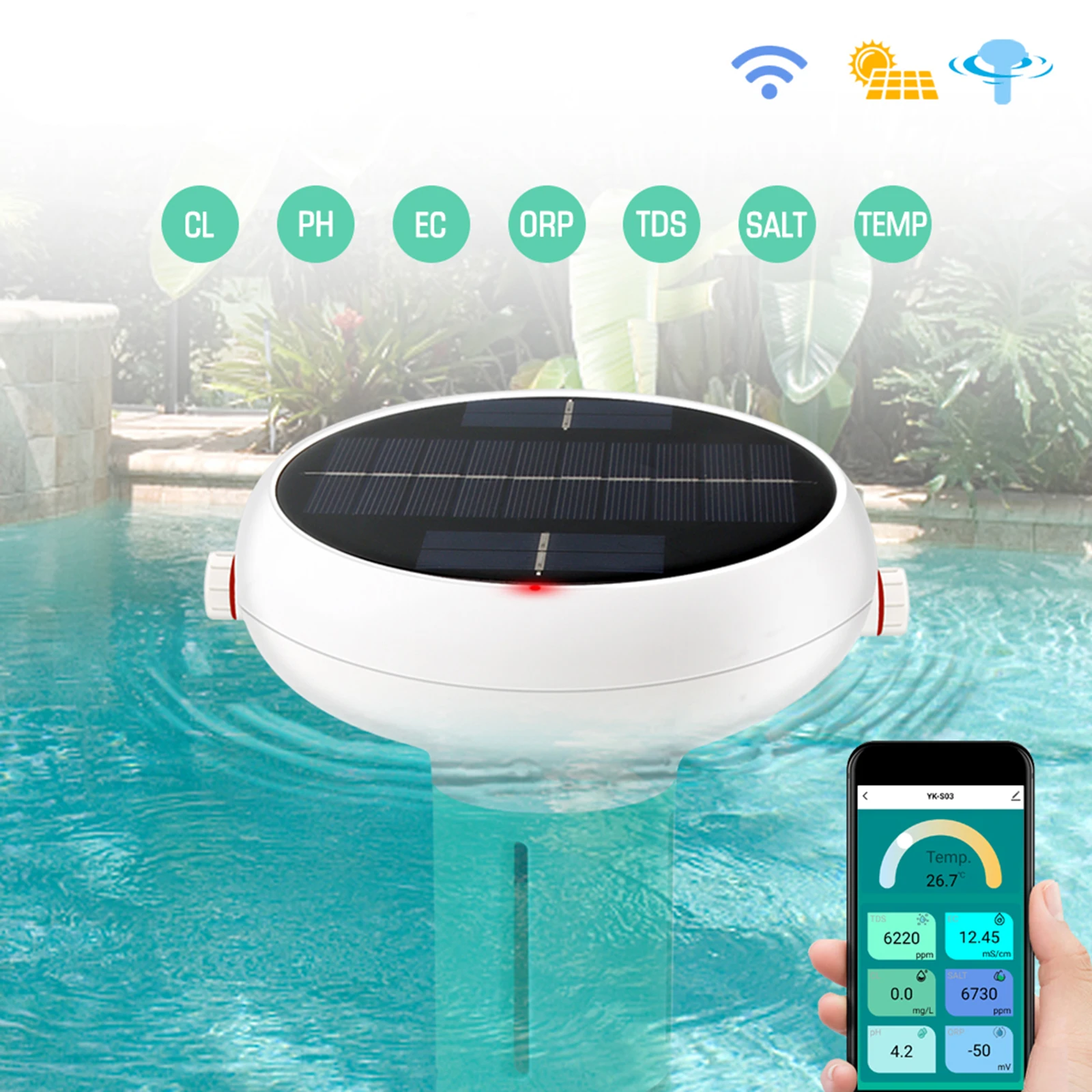 Solar Smart 7 In 1 rilevatore di qualità dell\'acqua PH EC TDS ORP test della temperatura del cloro APP visualizzazione remota allarme valore limite