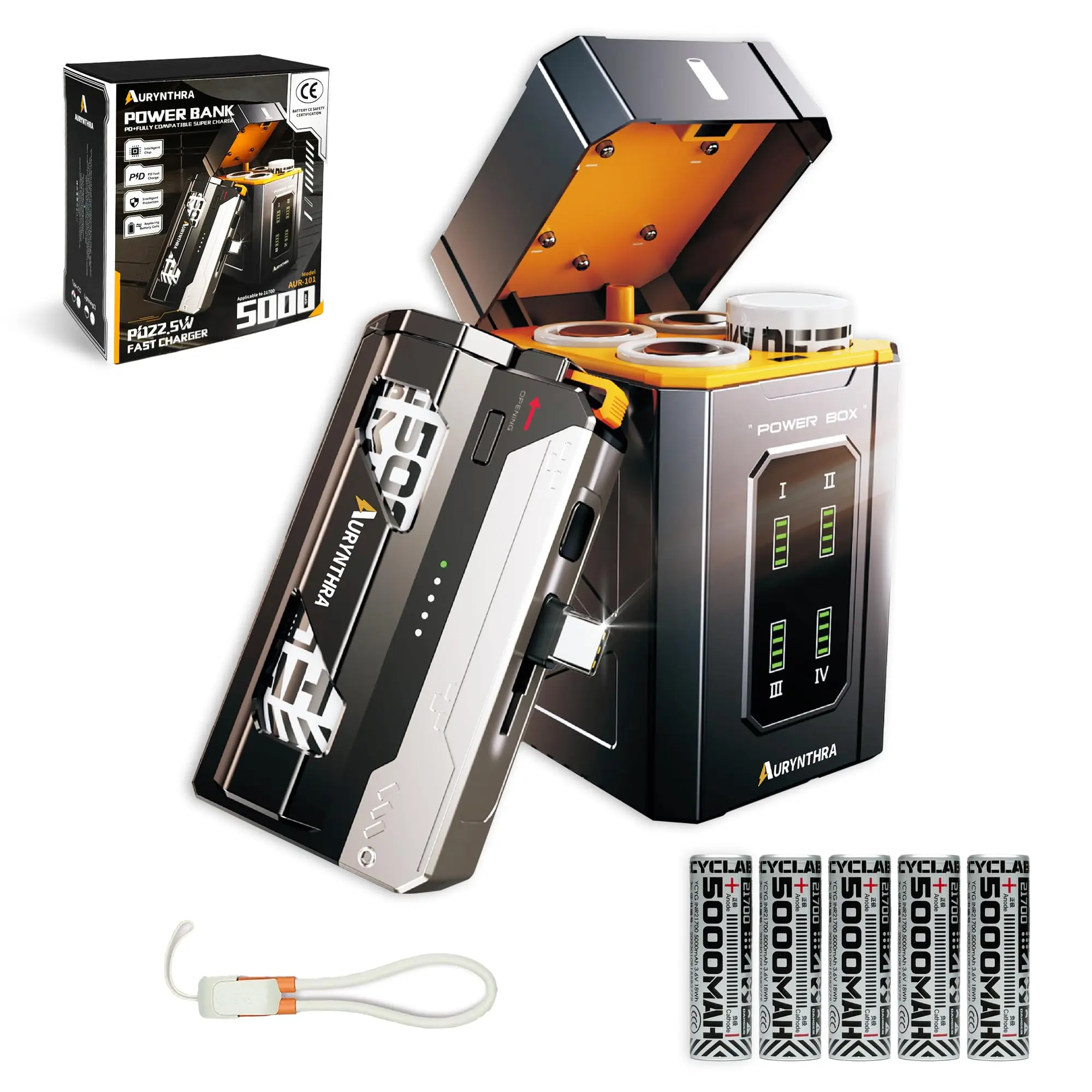 

AURYNTHRA Power Exchange Power Bank, Equipped with Battery Charging Compartment 25,000mAh Portable Charger 22.5W 5V/3A