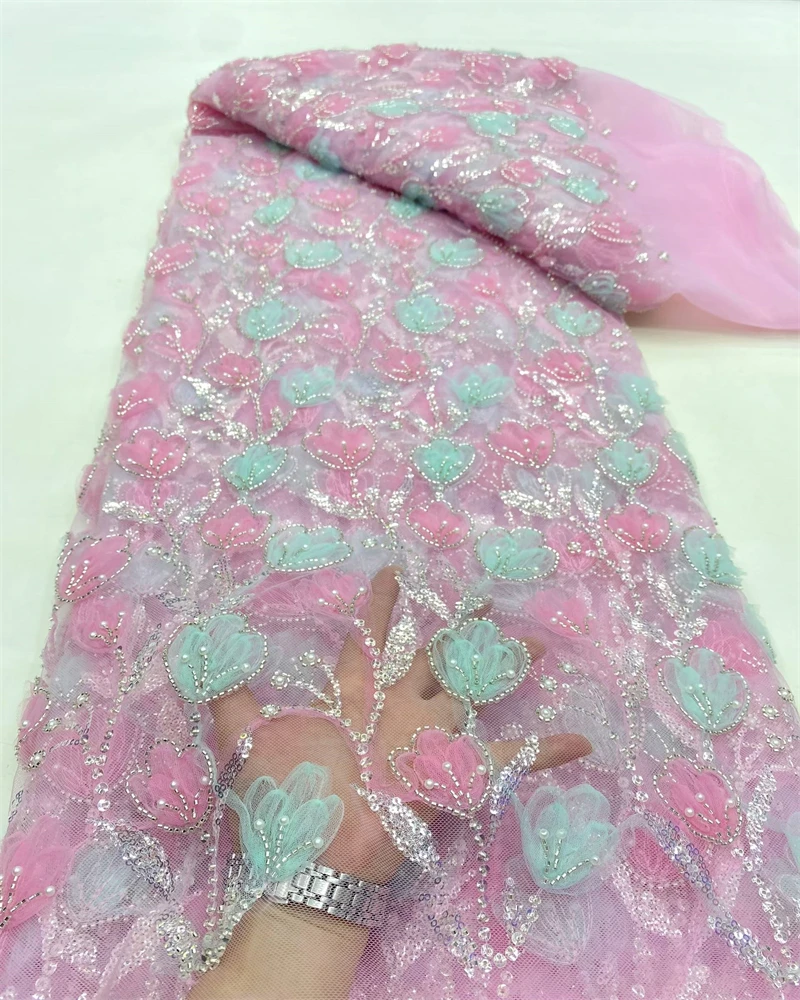 African Beaded Net Mesh Lace Fabric High Quality Embroidery with Sequins French Tulle for Nigerian Wedding Party Dresses