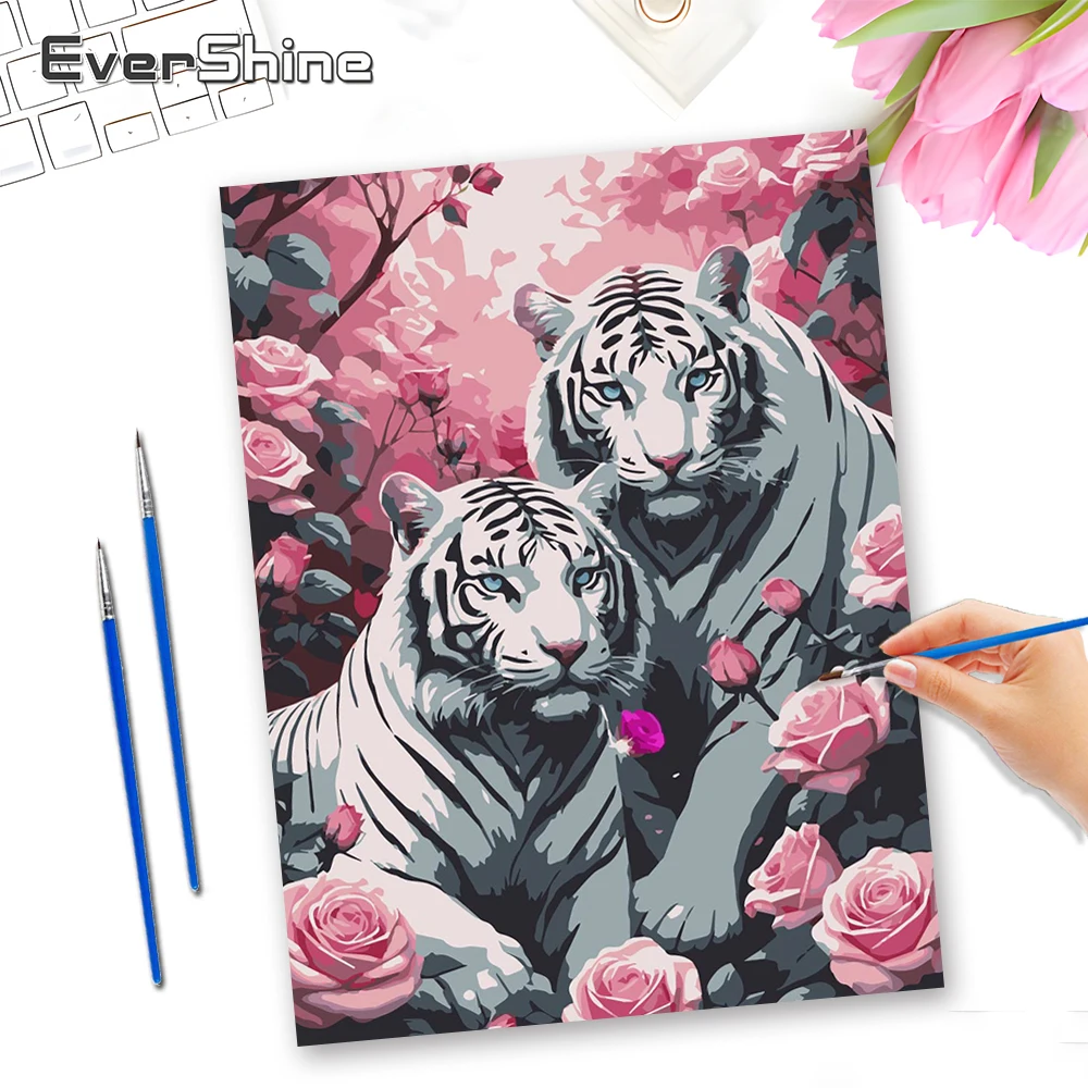 EverShine Malen nach Zahlen, Tiger, handgemaltes Gemälde, Kunst, Tierkunst, Rose, Zeichnung, Bild für Wohnzimmer, Heimdekoration