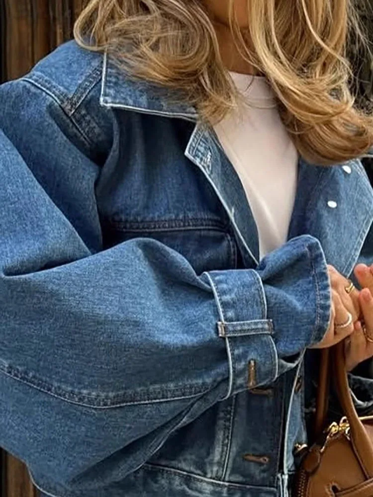 

Office Lady Lapel Long Sleeved Jacket Fashion Street Single Breasted Pocket Short Outwear Autumn Winter Women Casual Denim Coat