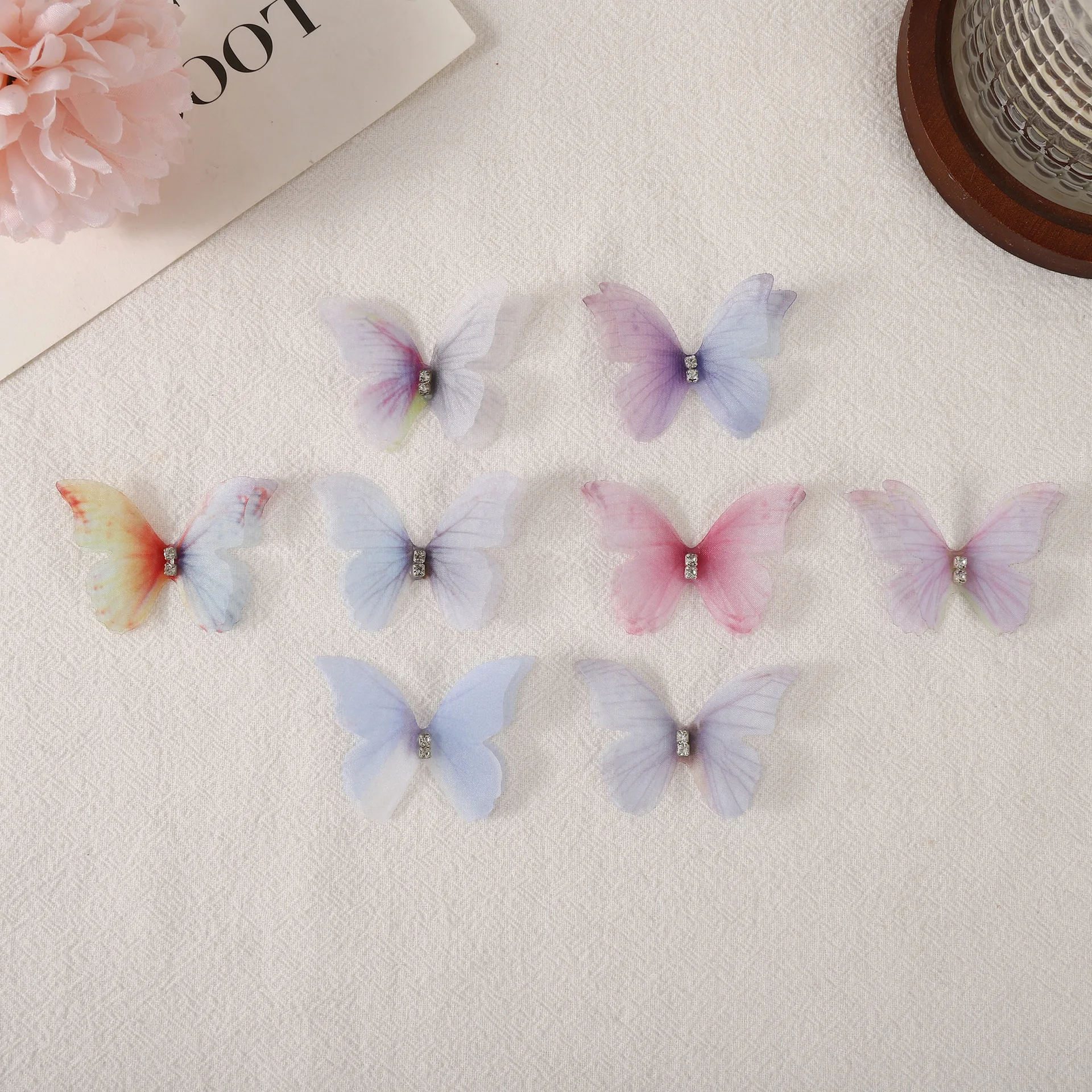 5cm 20pcs Colorful Lace Butterfly Accessories Double-layer Sheer Butterfly Printed Mesh With Diamond DIY Hairpin Decoration