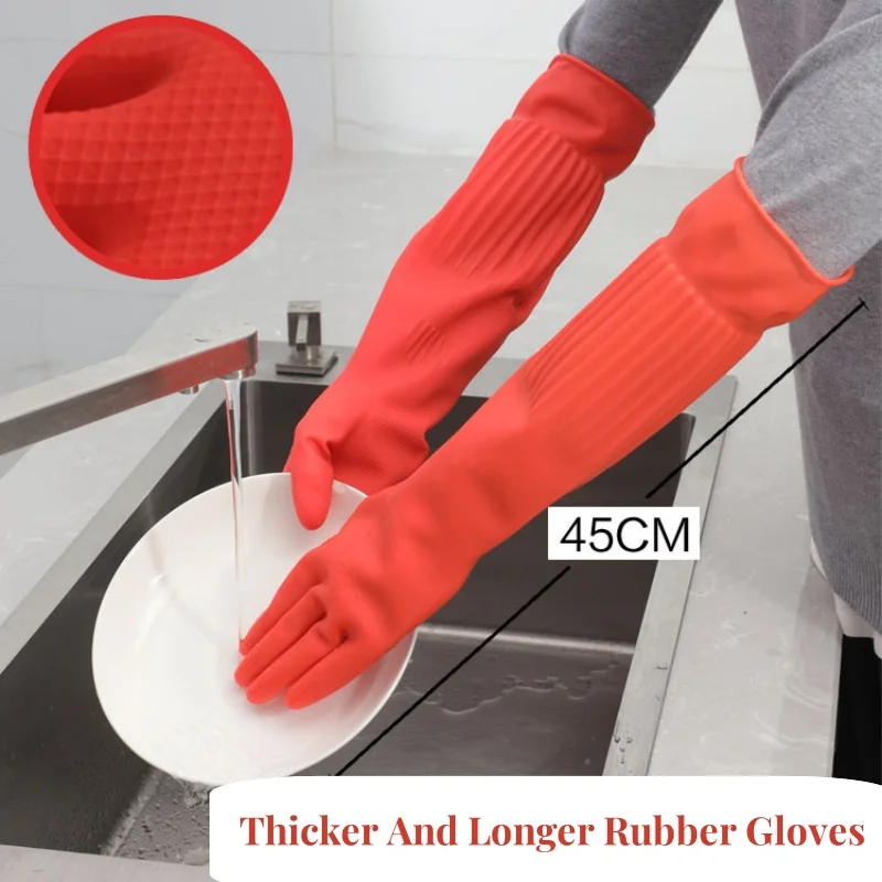 1 Pair Red/Yellow 45cm Long Latex Dishwashing Gloves Thick And Wear-resistant Material Oxford Thicker And Longer Rubber Gloves