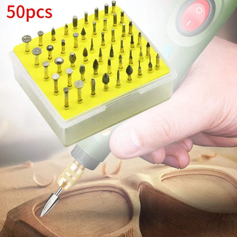 50PCS Diamond Coated DIY Metalworking Grinding Grinder Head Glass Burr Electric Drill Rotary Tools for Stone Ceramic Glass